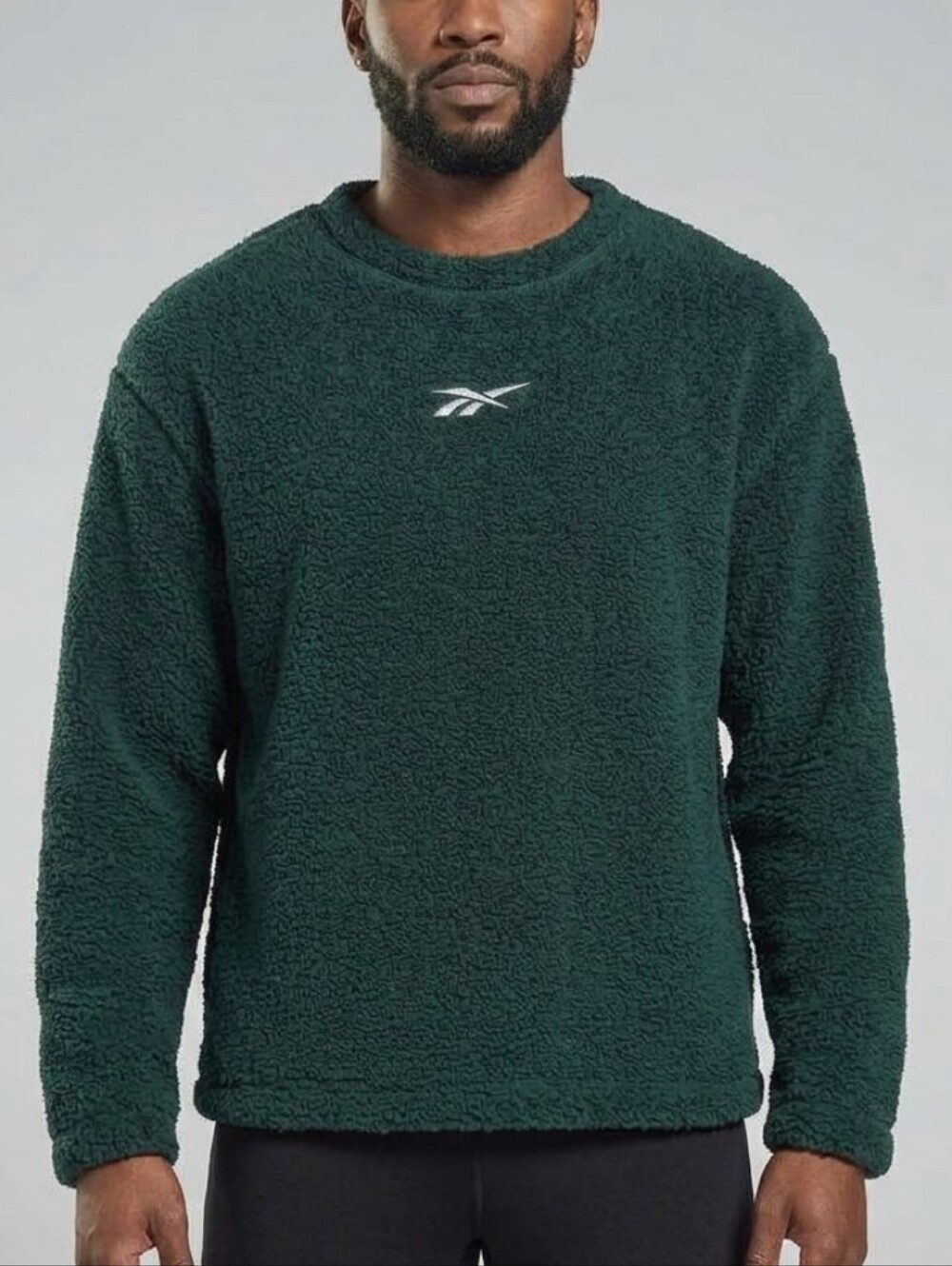 Reebok Unisex Dark Green Fuzzy Textured Sherpa Crewneck Pullover